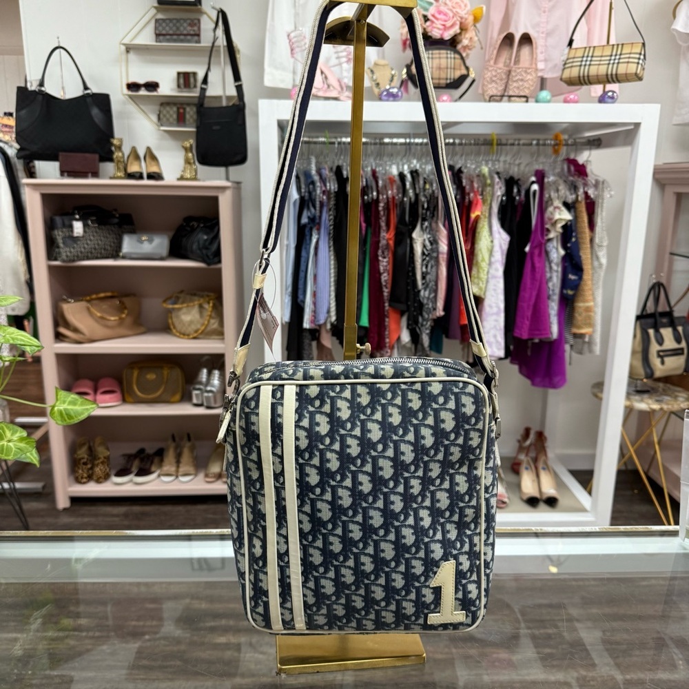 Christian Dior Coated Canvas Crossbody Bag Navy & White‎ Adjustable Strap